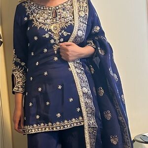 Women's Navy Blue Palazzo Pants - Elegant Embroidered Set